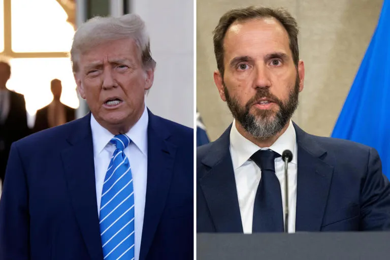 At left, former President Donald Trump is shown at the home of billionaire investor John Paulson on April 6, 2024 in Palm Beach, Florida. Right, Special Counsel Jack Smith speaks to the press at the US Department of Justice building in Washington, DC, on August 1, 2023.